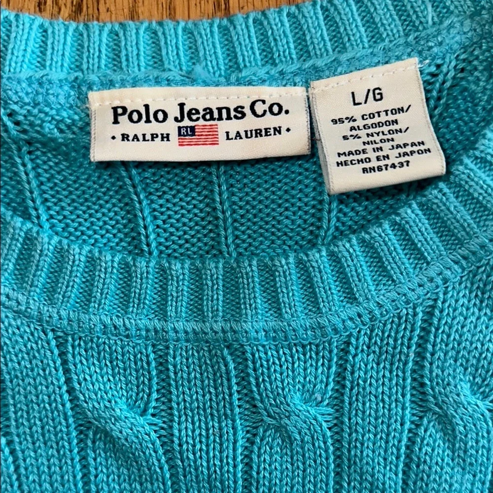 Ralph Lauren Turquoise Blue Crew Neck Cable Knit Sweater, size L - Picture 2 of 7